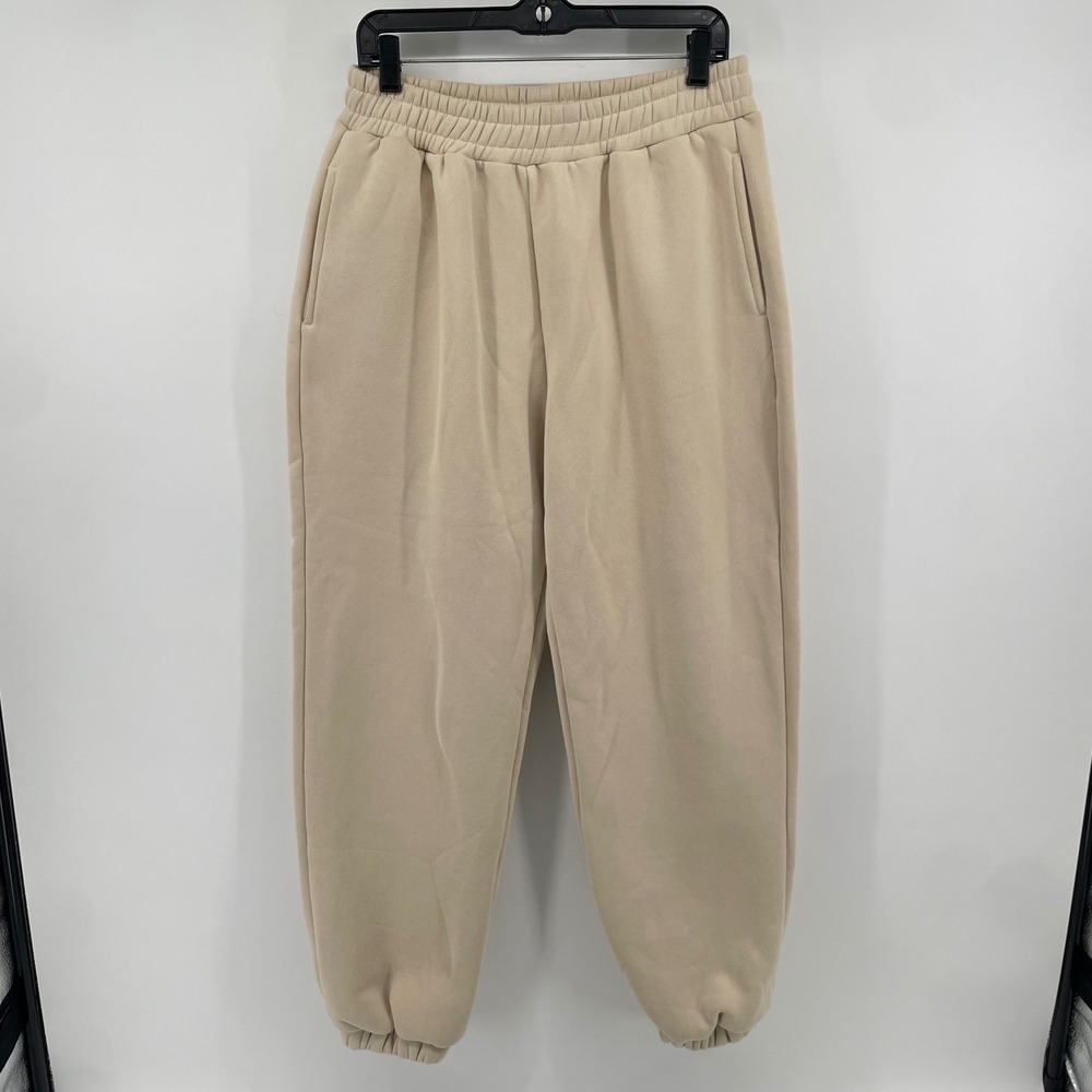 Comfrt Sweatpants Women L Beige High Waisted Fleece Joggers Lounge Streetwear